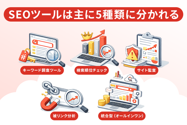 SEOツールの5種類を解説したイラスト画像