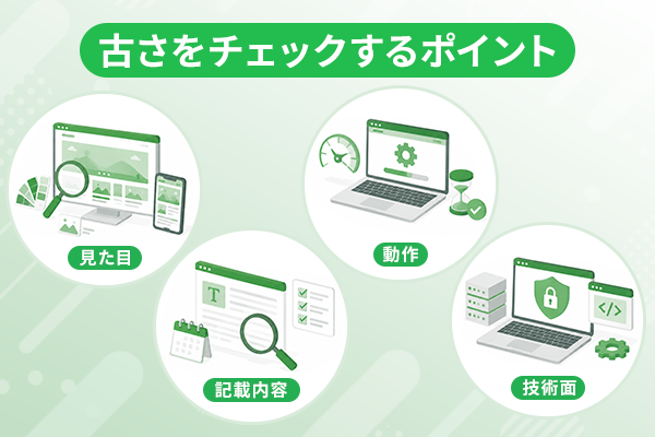 ホームページの古さを確認するポイントを示すイラスト画像
