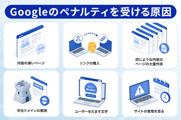Googleペナルティを受ける主な原因を示すイラスト画像