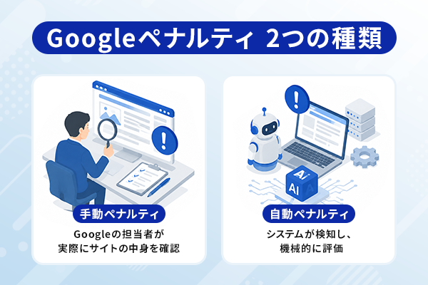 Googleの手動ペナルティと自動ペナルティの違いを示すイラスト画像
