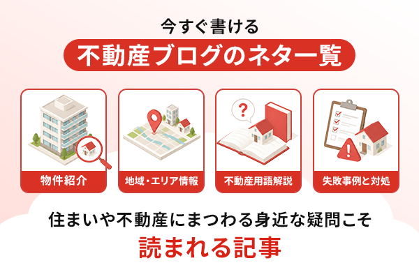 不動産ブログで書けるブログネタ一覧を解説するイラスト画像