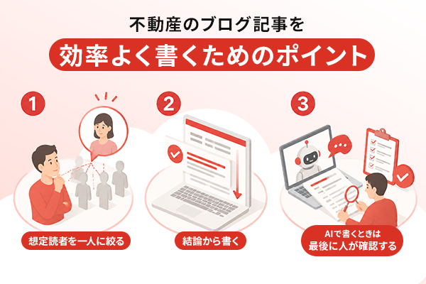 不動産ブログを効率よく書くための3つのポイントを解説するイラスト画像
