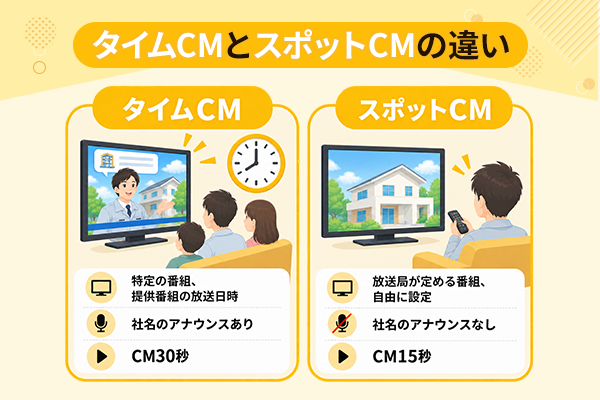 タイムCMとスポットCMの違いを解説したイラスト画像