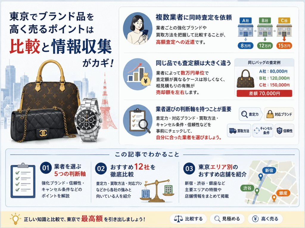 東京でブランド品を高く売るポイントは比較と情報収集がカギであることを示す画像