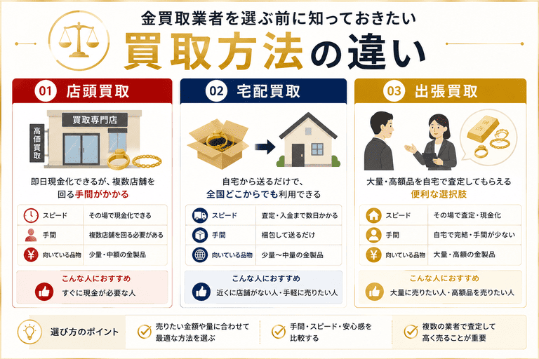 金買取業者を選ぶ前に知っておきたい買取方法の違い