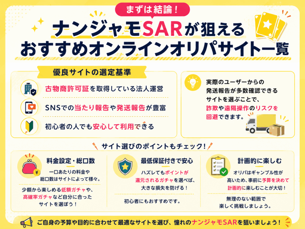 まずは結論!ナンジャモSARが狙えるおすすめオンラインオリパサイト一覧の画像