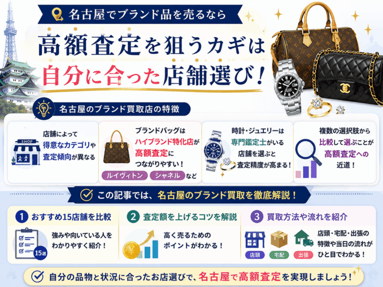 名古屋でブランド品を売るなら高額査定を狙うカギは自分に合った店舗選びであることを示す画像