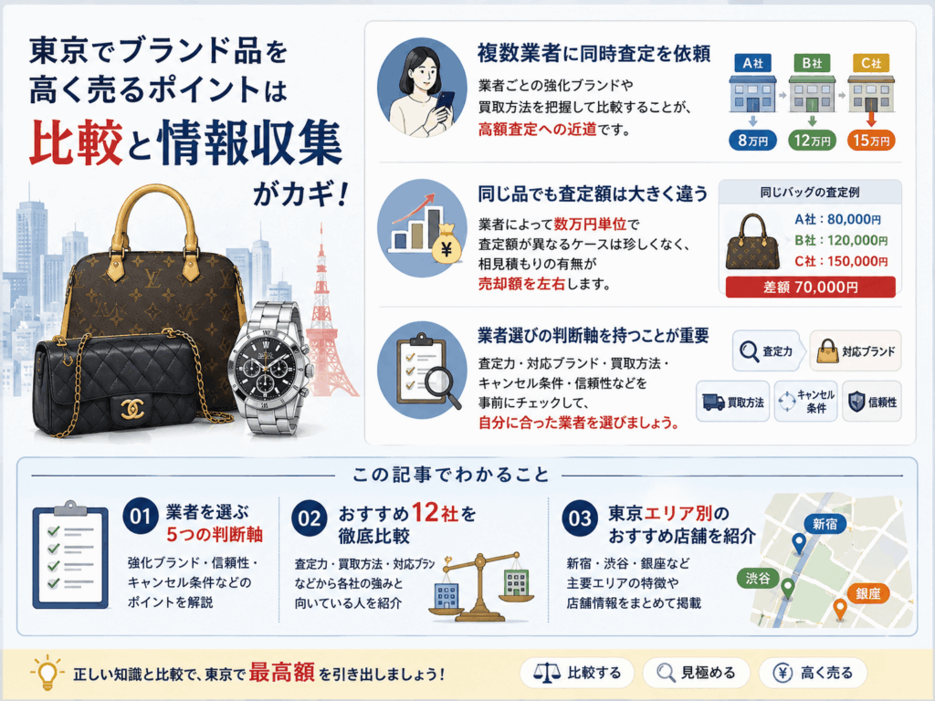 東京でブランド品を高く売るポイントは比較と情報収集がカギであることを示す画像
