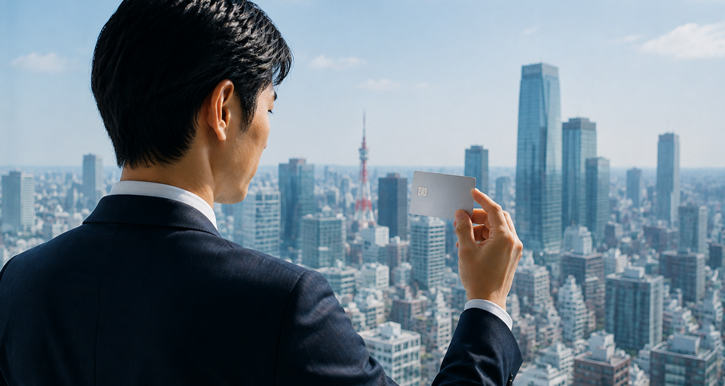 クレジットカードとスーツ姿の男性